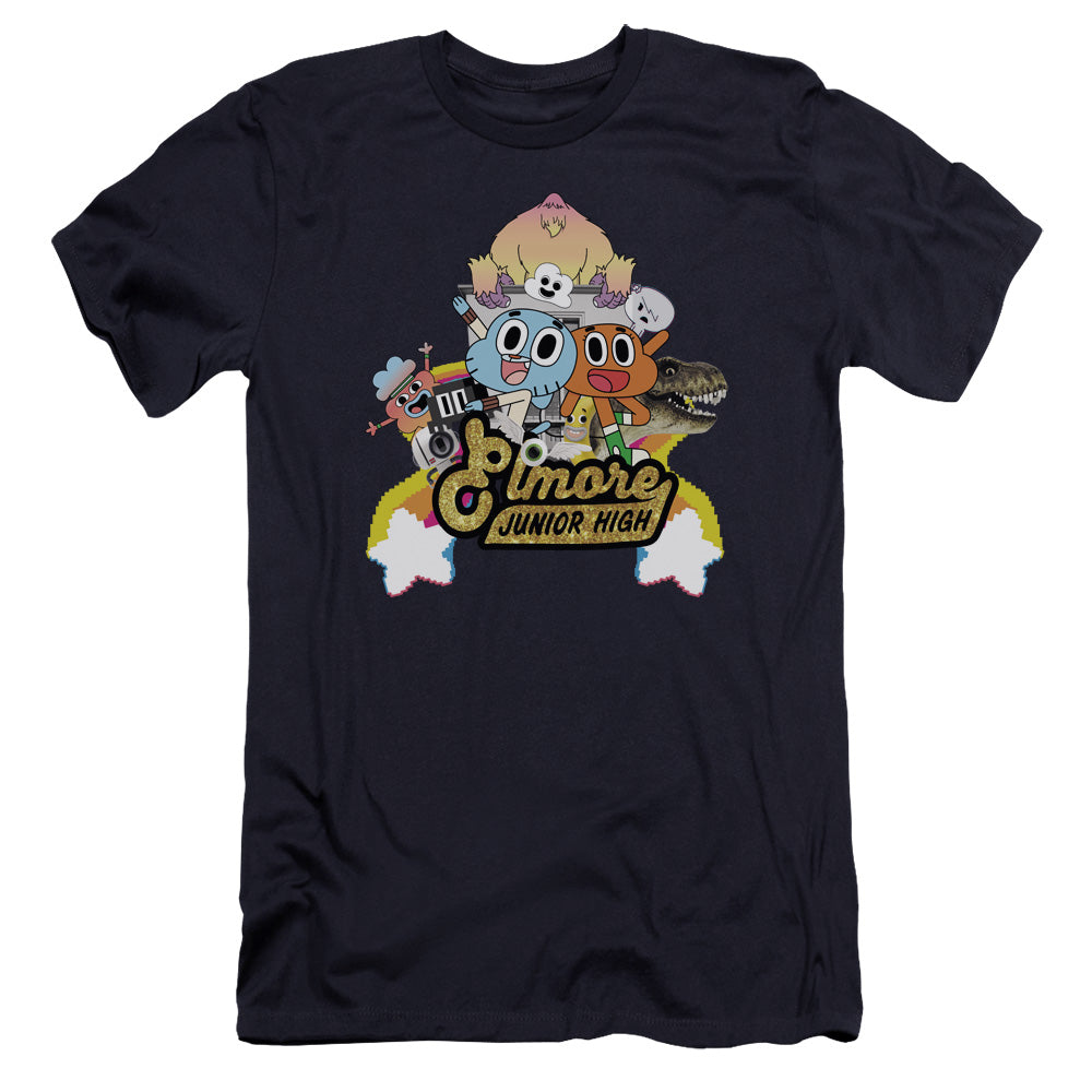 AN OFFCIALLY LICENSED AMAZING WORLD OF GUMBALL ELMORE JUNIOR HIGH MEN'S PREMIUM SLIM FIT T-SHIRT NAVY