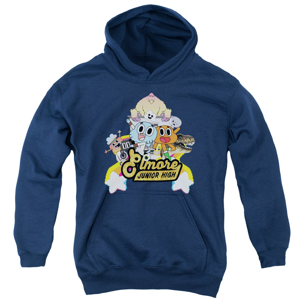 AN OFFCIALLY LICENSED AMAZING WORLD OF GUMBALL ELMORE JUNIOR HIGH YOUTH HOODIE NAVY