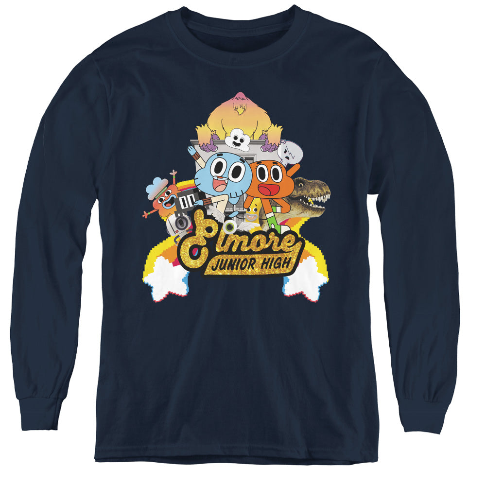 AN OFFCIALLY LICENSED AMAZING WORLD OF GUMBALL ELMORE JUNIOR HIGH YOUTH LONG SLEEVE T-SHIRT NAVY