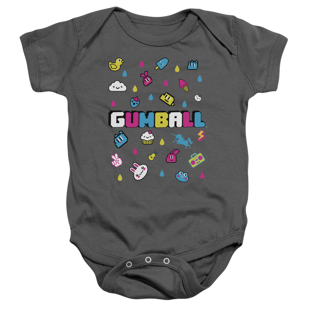 AN OFFCIALLY LICENSED AMAZING WORLD OF GUMBALL FUN DROPS BABY BODYSUIT CHARCOAL