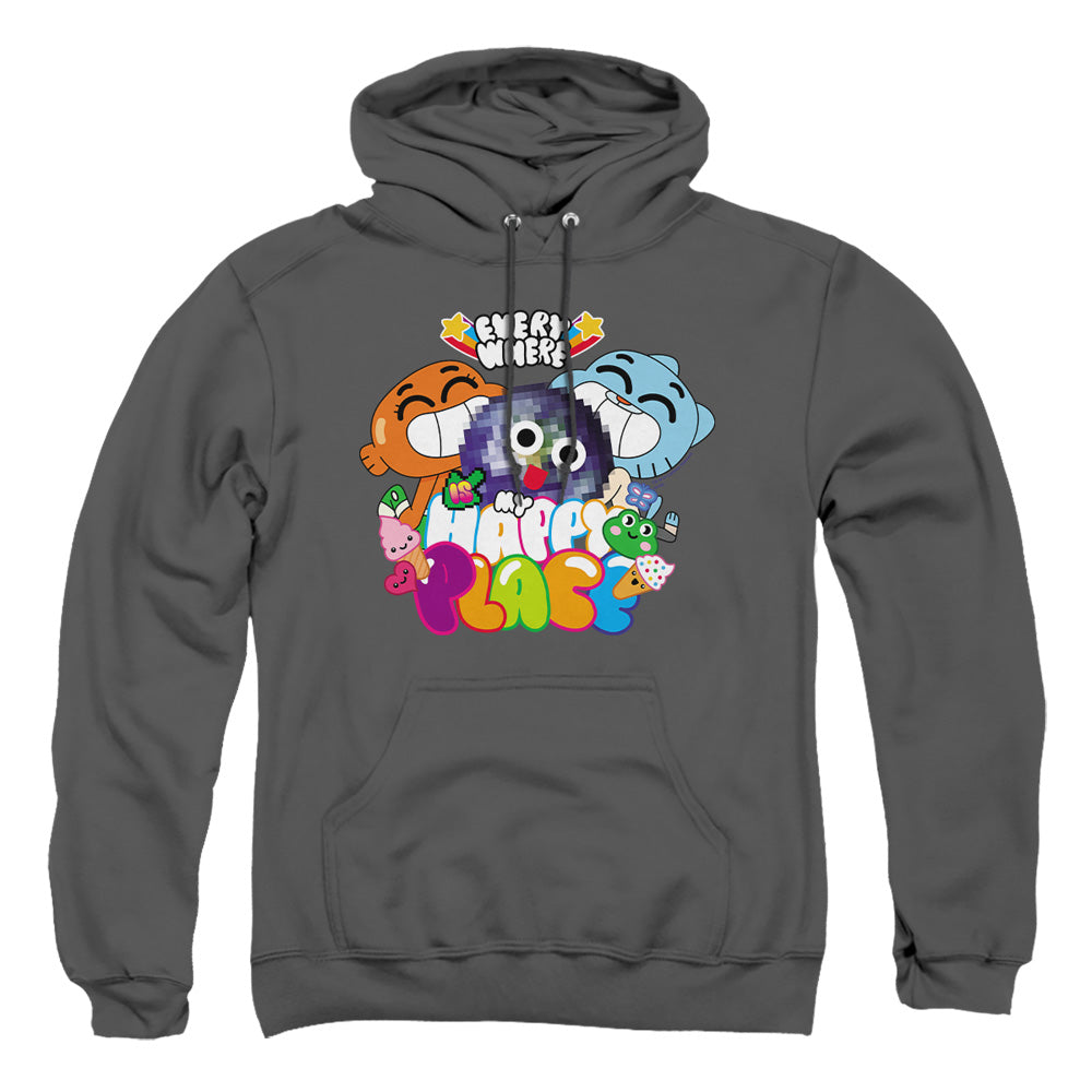 AN OFFCIALLY LICENSED AMAZING WORLD OF GUMBALL HAPPY PLACE ADULT UNISEX PULLOVER HOODIE CHARCOAL