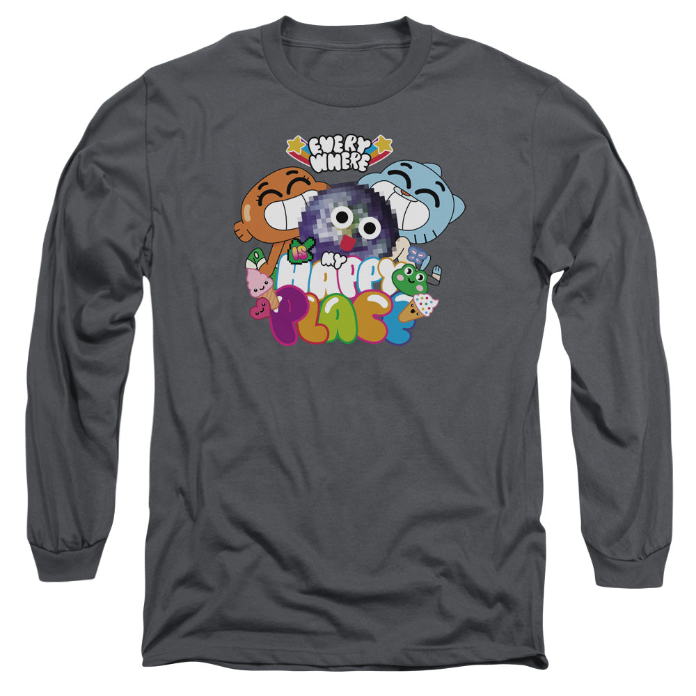 AN OFFCIALLY LICENSED AMAZING WORLD OF GUMBALL HAPPY PLACE MEN'S LONG SLEEVE T-SHIRT CHARCOAL