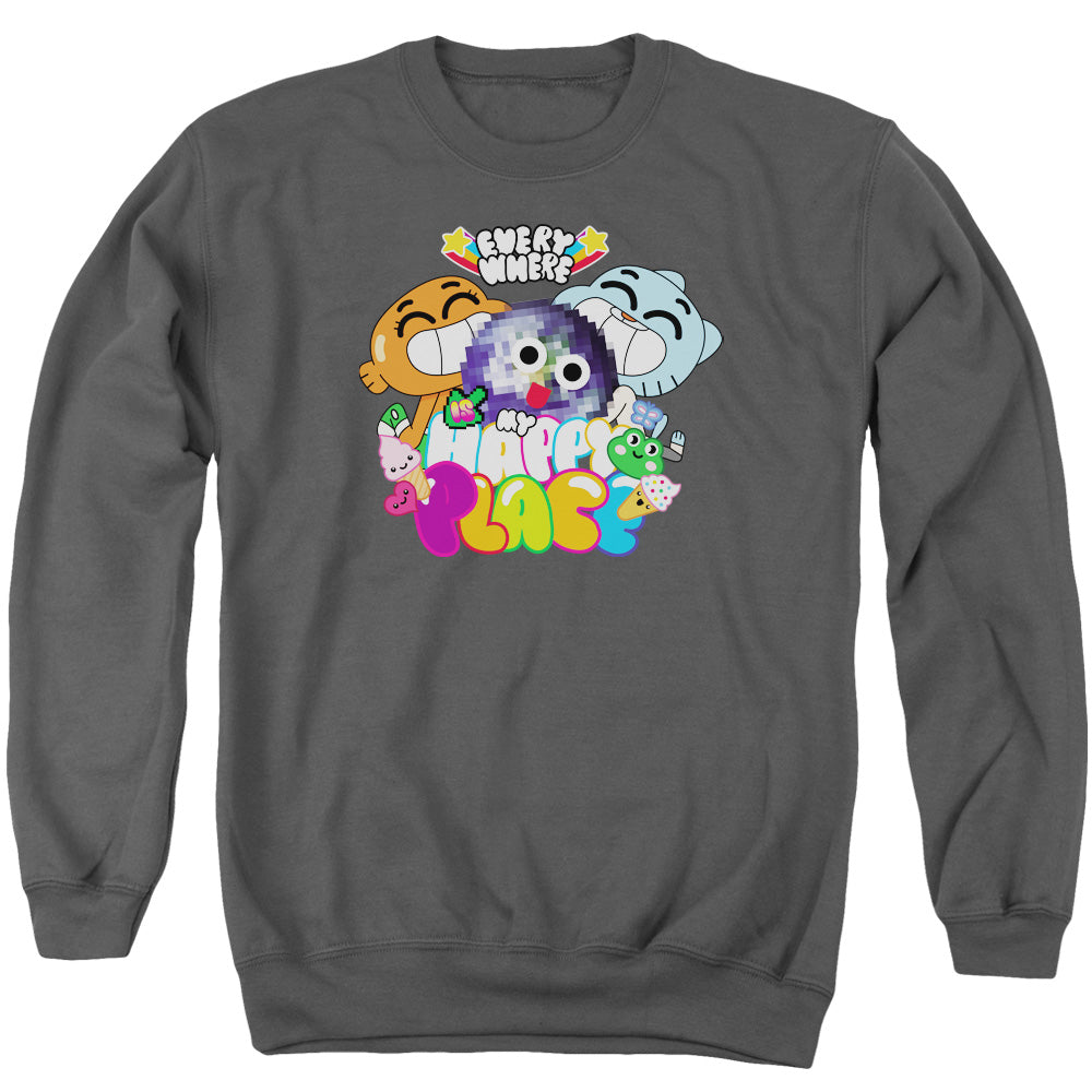 AN OFFCIALLY LICENSED AMAZING WORLD OF GUMBALL HAPPY PLACE ADULT UNISEX CREWNECK SWEATSHIRT CHARCOAL
