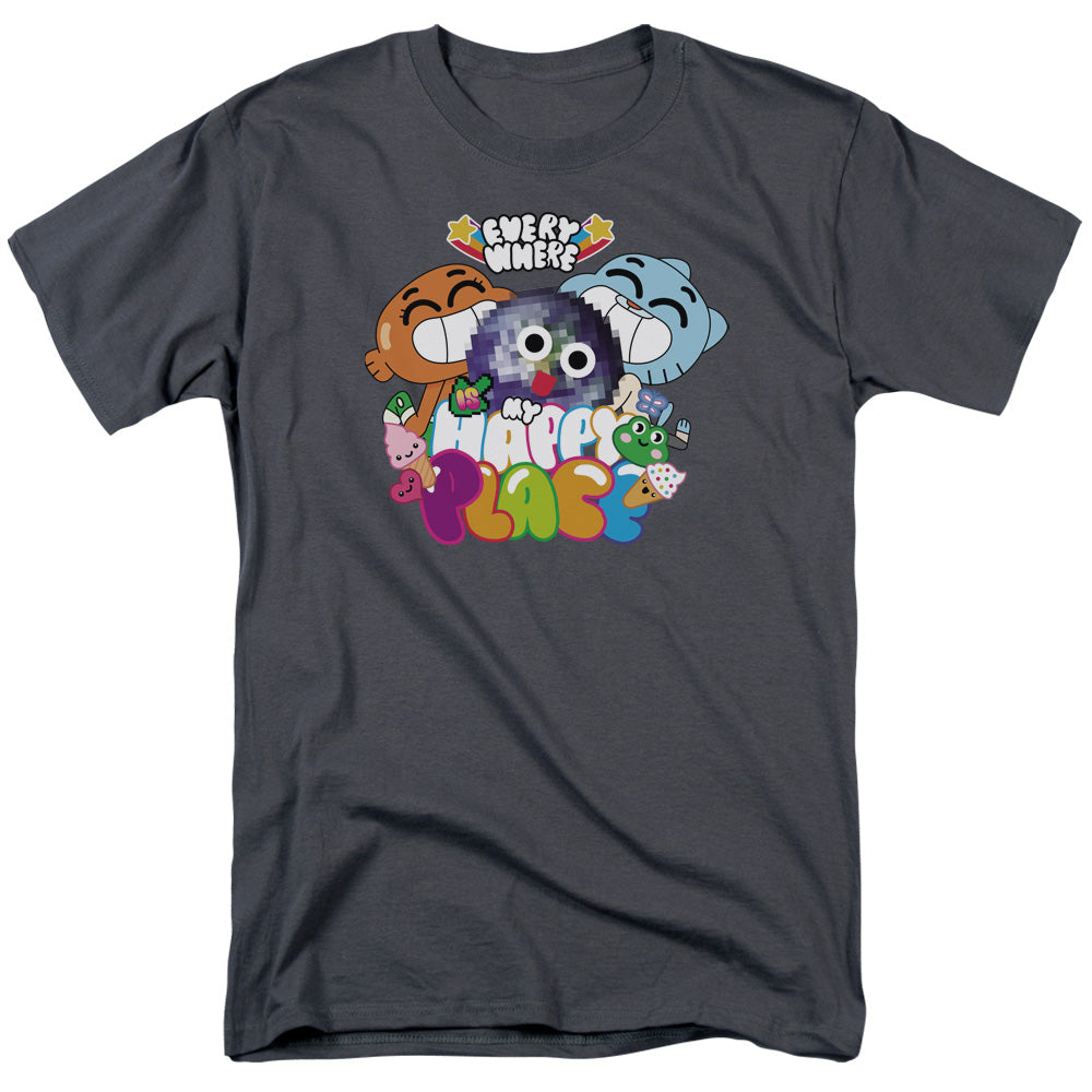 AN OFFCIALLY LICENSED AMAZING WORLD OF GUMBALL HAPPY PLACE MEN'S REGULAR FIT T-SHIRT CHARCOAL