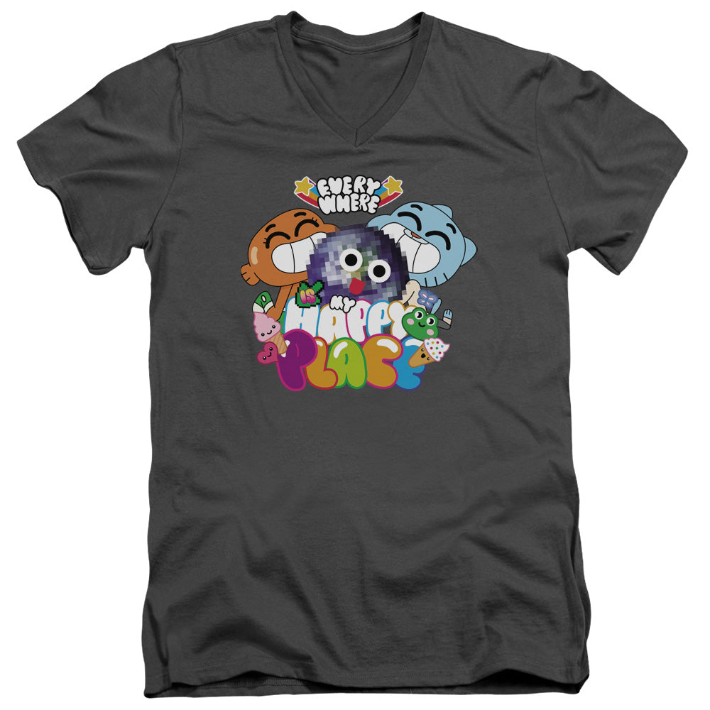 AN OFFCIALLY LICENSED AMAZING WORLD OF GUMBALL HAPPY PLACE MEN'S V-NECK T-SHIRT CHARCOAL