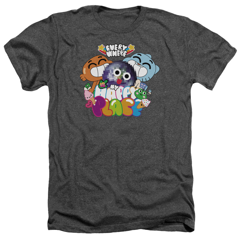 AN OFFCIALLY LICENSED AMAZING WORLD OF GUMBALL HAPPY PLACE MEN'S HEATHER T-SHIRT CHARCOAL