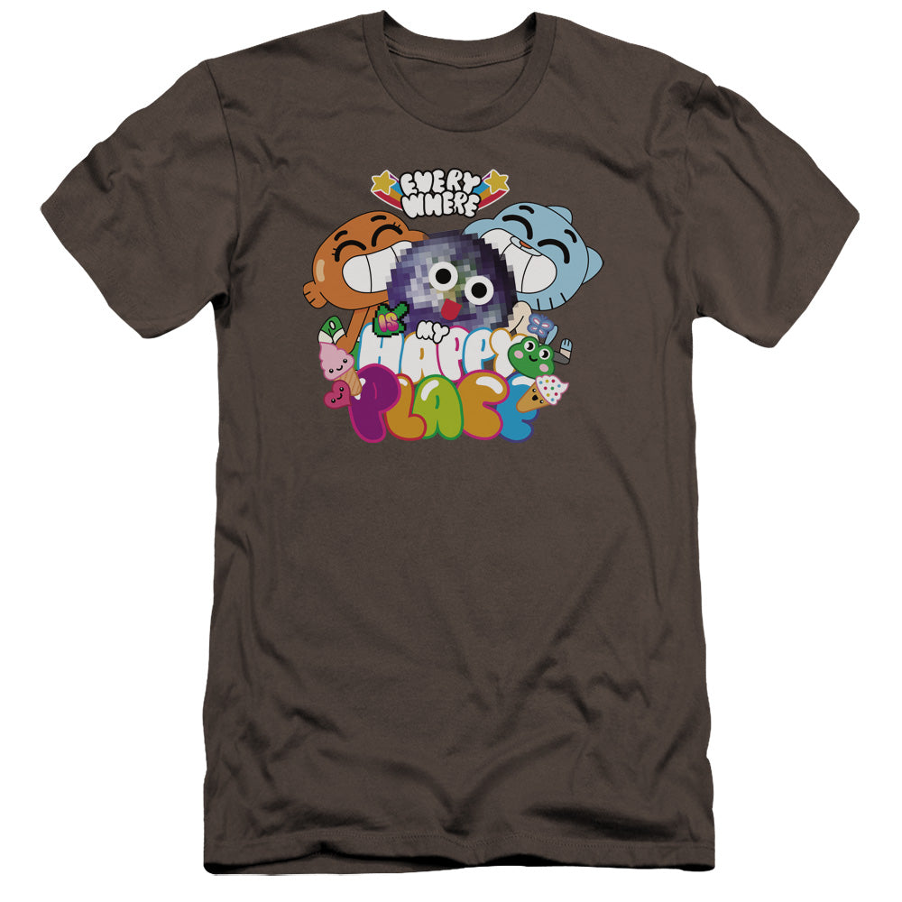 AN OFFCIALLY LICENSED AMAZING WORLD OF GUMBALL HAPPY PLACE MEN'S PREMIUM SLIM FIT T-SHIRT CHARCOAL