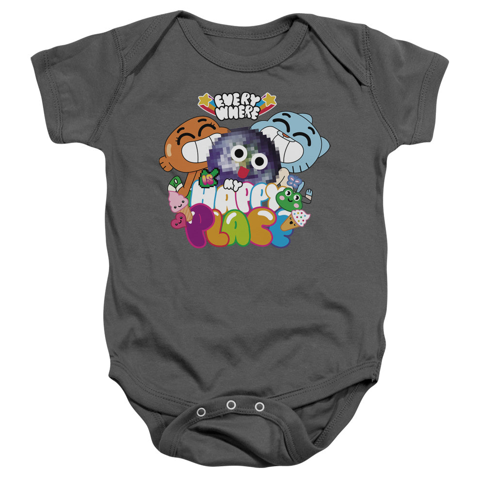 AN OFFCIALLY LICENSED AMAZING WORLD OF GUMBALL HAPPY PLACE BABY BODYSUIT CHARCOAL