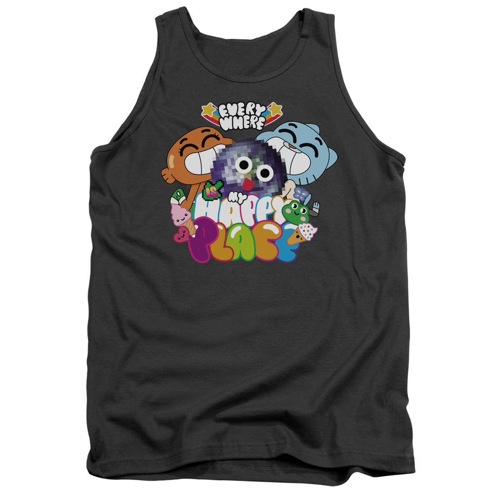 AN OFFCIALLY LICENSED AMAZING WORLD OF GUMBALL HAPPY PLACE ADULT UNISEX TANK TOP CHARCOAL