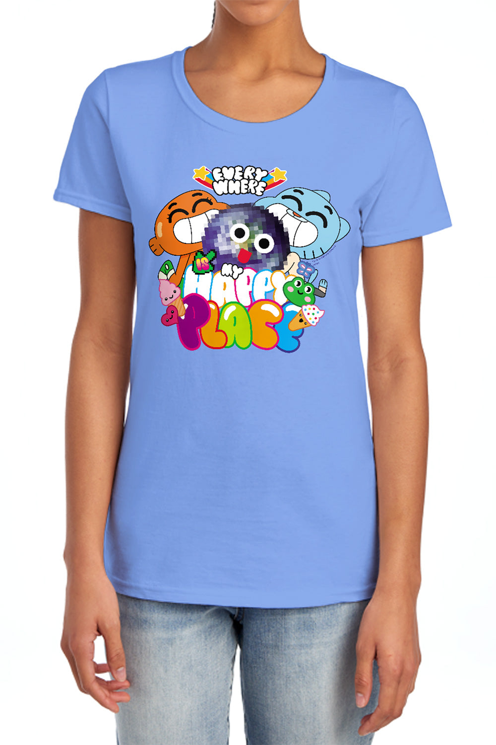 AN OFFCIALLY LICENSED AMAZING WORLD OF GUMBALL HAPPY PLACE WOMEN'S REGULAR FIT T-SHIRT CHARCOAL