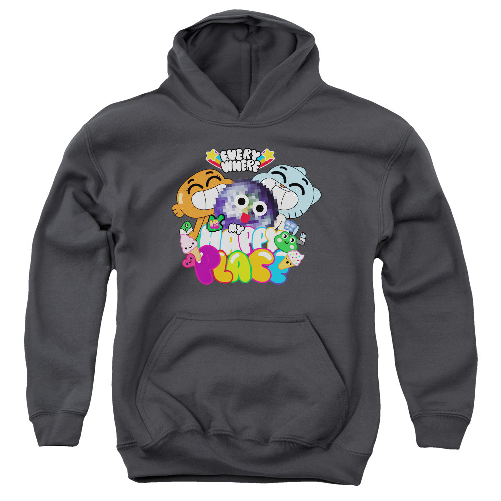AN OFFCIALLY LICENSED AMAZING WORLD OF GUMBALL HAPPY PLACE YOUTH HOODIE CHARCOAL
