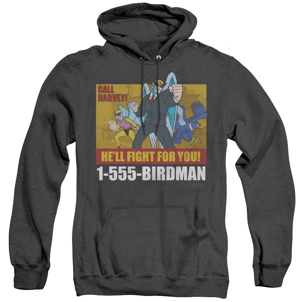 AN OFFCIALLY LICENSED HARVEY BIRDMAN BIRDMAN AD ADULT UNISEX HEATHER PULLOVER HOODIE BLACK