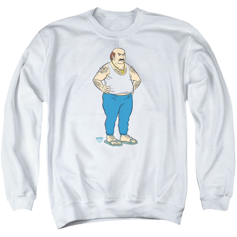 AN OFFCIALLY LICENSED AQUA TEEN HUNGER FORCE CARL ADULT UNISEX CREWNECK SWEATSHIRT WHITE