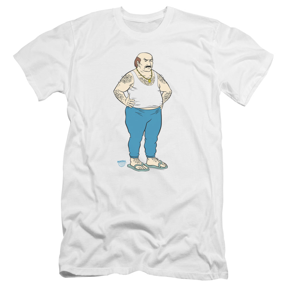 AN OFFCIALLY LICENSED AQUA TEEN HUNGER FORCE CARL MEN'S PREMIUM SLIM FIT T-SHIRT WHITE