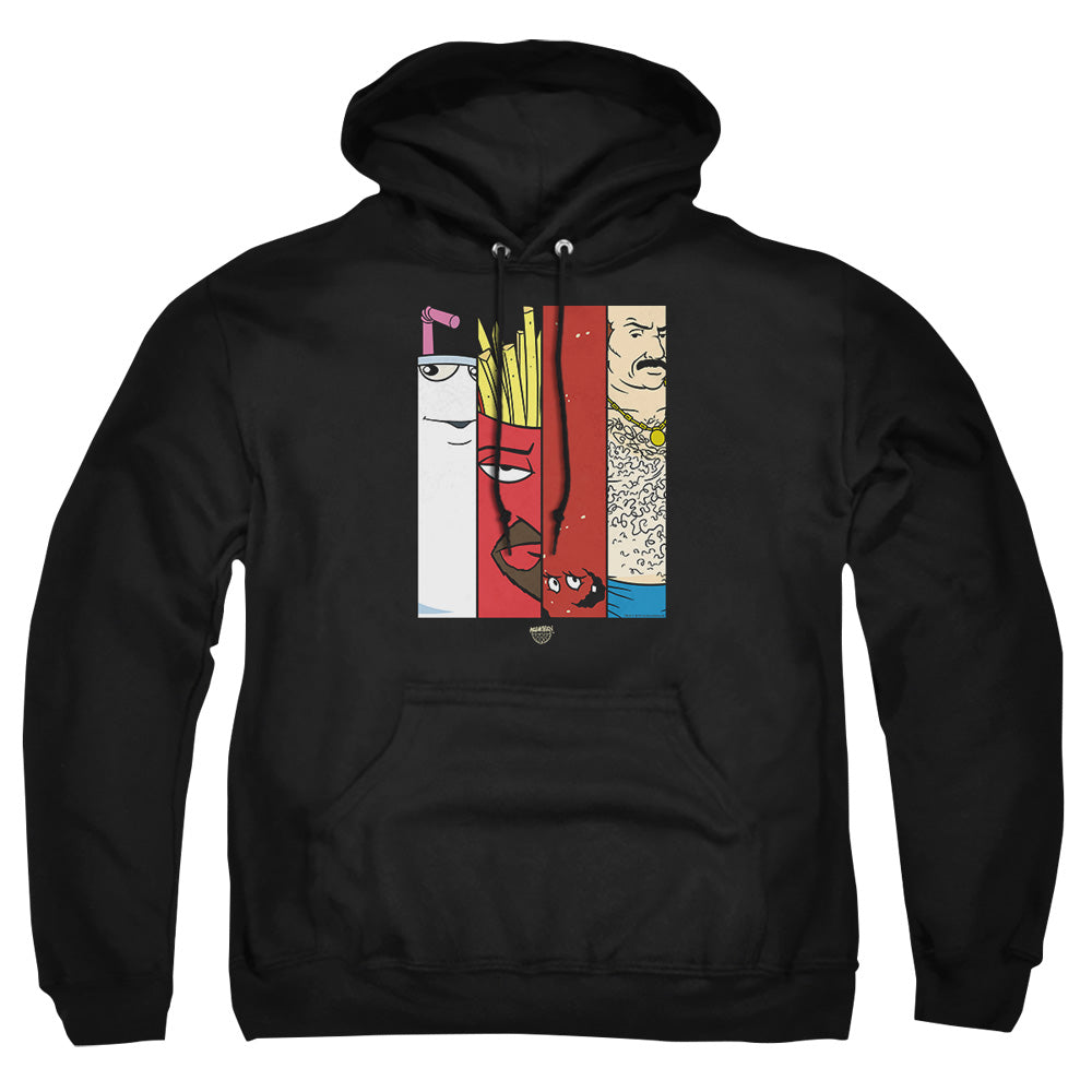 AN OFFCIALLY LICENSED AQUA TEEN HUNGER FORCE GROUP TILES ADULT UNISEX PULLOVER HOODIE BLACK