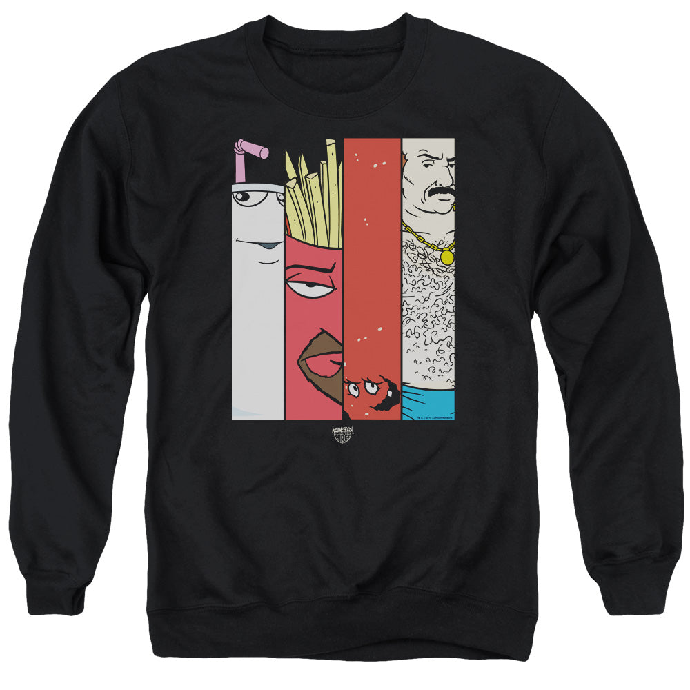 AN OFFCIALLY LICENSED AQUA TEEN HUNGER FORCE GROUP TILES ADULT UNISEX CREWNECK SWEATSHIRT BLACK