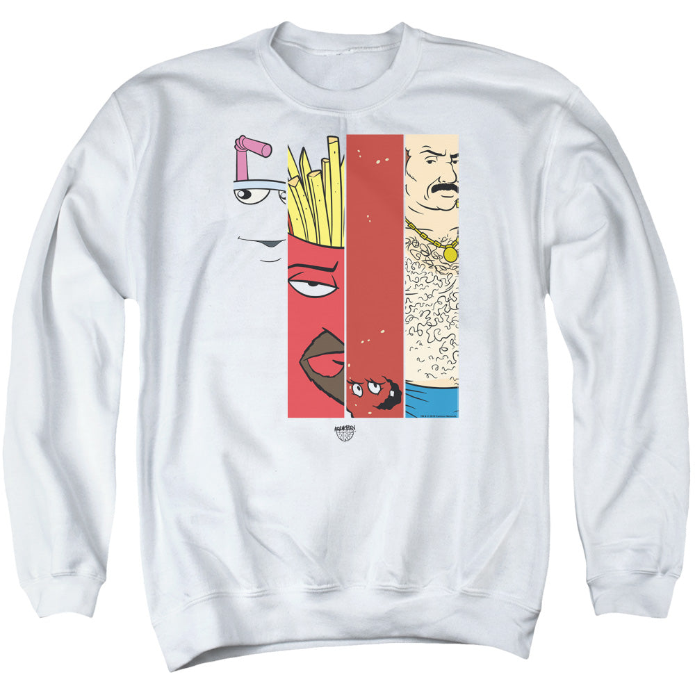 AN OFFCIALLY LICENSED AQUA TEEN HUNGER FORCE GROUP TILES ADULT UNISEX CREWNECK SWEATSHIRT WHITE