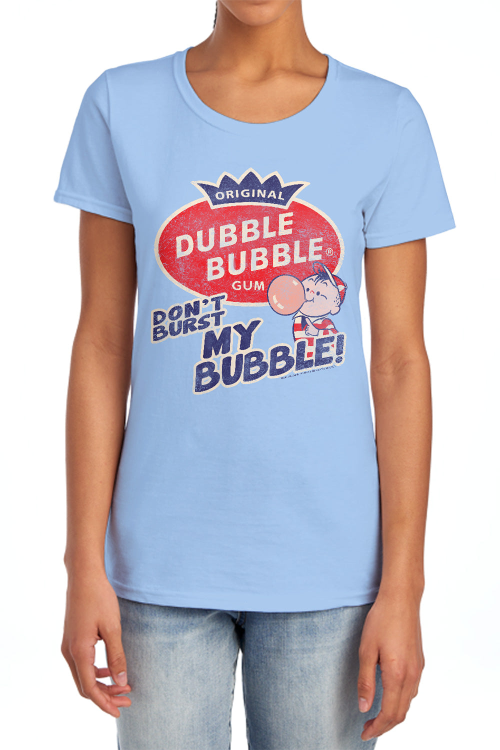 AN OFFCIALLY LICENSED DUBBLE BUBBLE BURST BUBBLE WOMEN'S REGULAR FIT T-SHIRT LIGHT BLUE