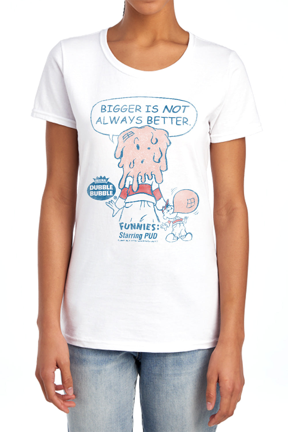AN OFFCIALLY LICENSED DUBBLE BUBBLE BIGGER WOMEN'S REGULAR FIT T-SHIRT WHITE
