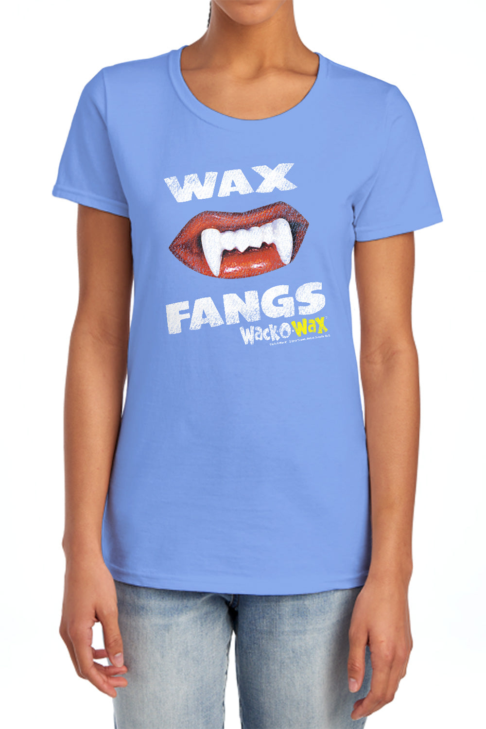AN OFFCIALLY LICENSED DUBBLE BUBBLE WAX FANGS WOMEN'S REGULAR FIT T-SHIRT CAROLINA BLUE