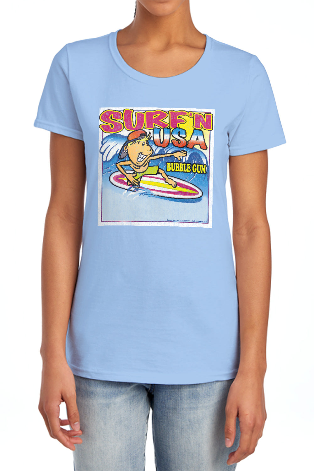 AN OFFCIALLY LICENSED DUBBLE BUBBLE SURFN USA GUM WOMEN'S REGULAR FIT T-SHIRT LIGHT BLUE
