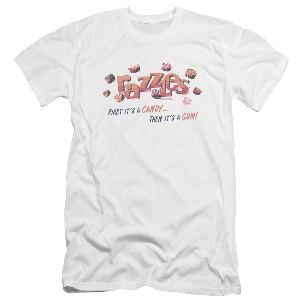 AN OFFCIALLY LICENSED DUBBLE BUBBLE A GUM AND A CANDY MEN'S PREMIUM SLIM FIT T-SHIRT WHITE