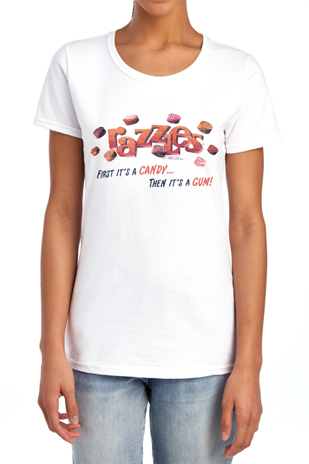 AN OFFCIALLY LICENSED DUBBLE BUBBLE A GUM AND A CANDY WOMEN'S REGULAR FIT T-SHIRT WHITE