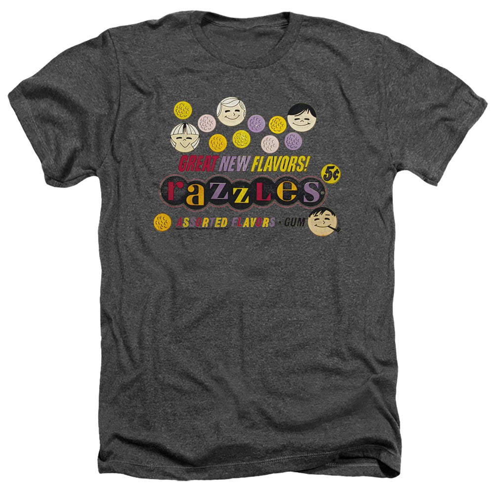 AN OFFCIALLY LICENSED DUBBLE BUBBLE RAZZLES RETRO BOX MEN'S HEATHER T-SHIRT CHARCOAL