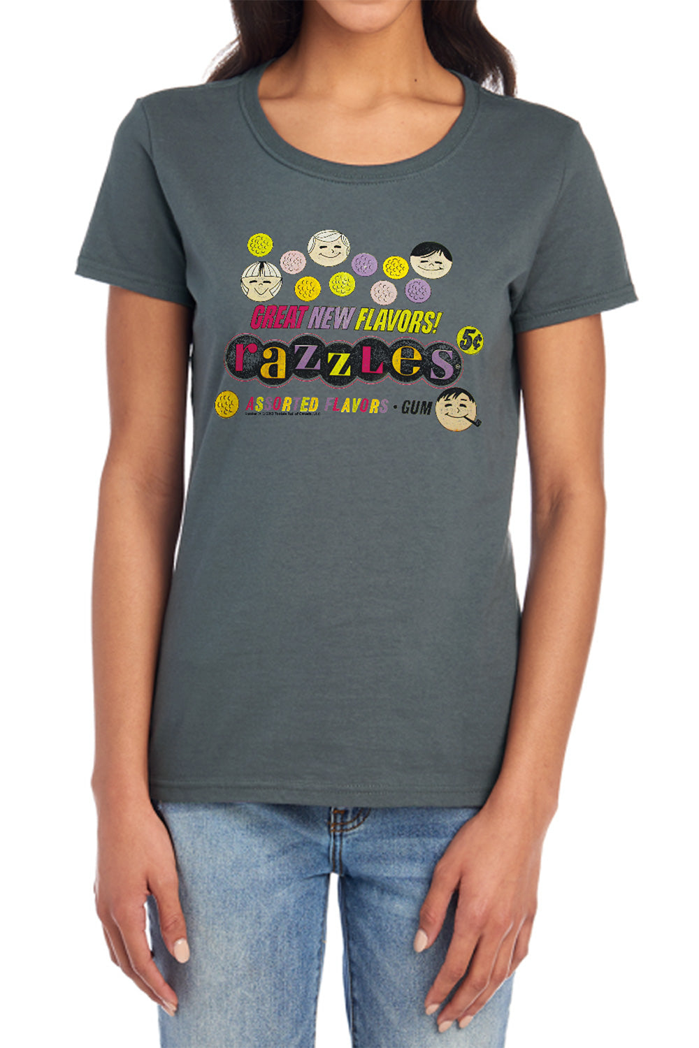 AN OFFCIALLY LICENSED DUBBLE BUBBLE RAZZLES RETRO BOX WOMEN'S REGULAR FIT T-SHIRT CHARCOAL
