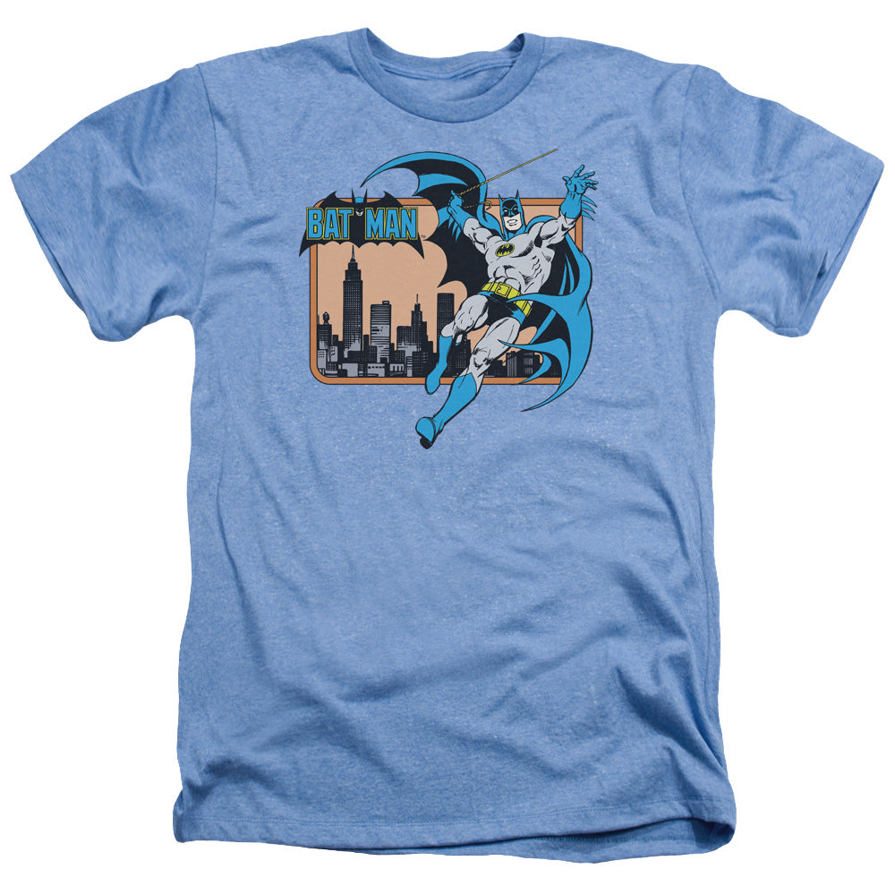 AN OFFCIALLY LICENSED DC BATMAN BATMAN IN THE CITY MEN'S HEATHER T-SHIRT LIGHT BLUE