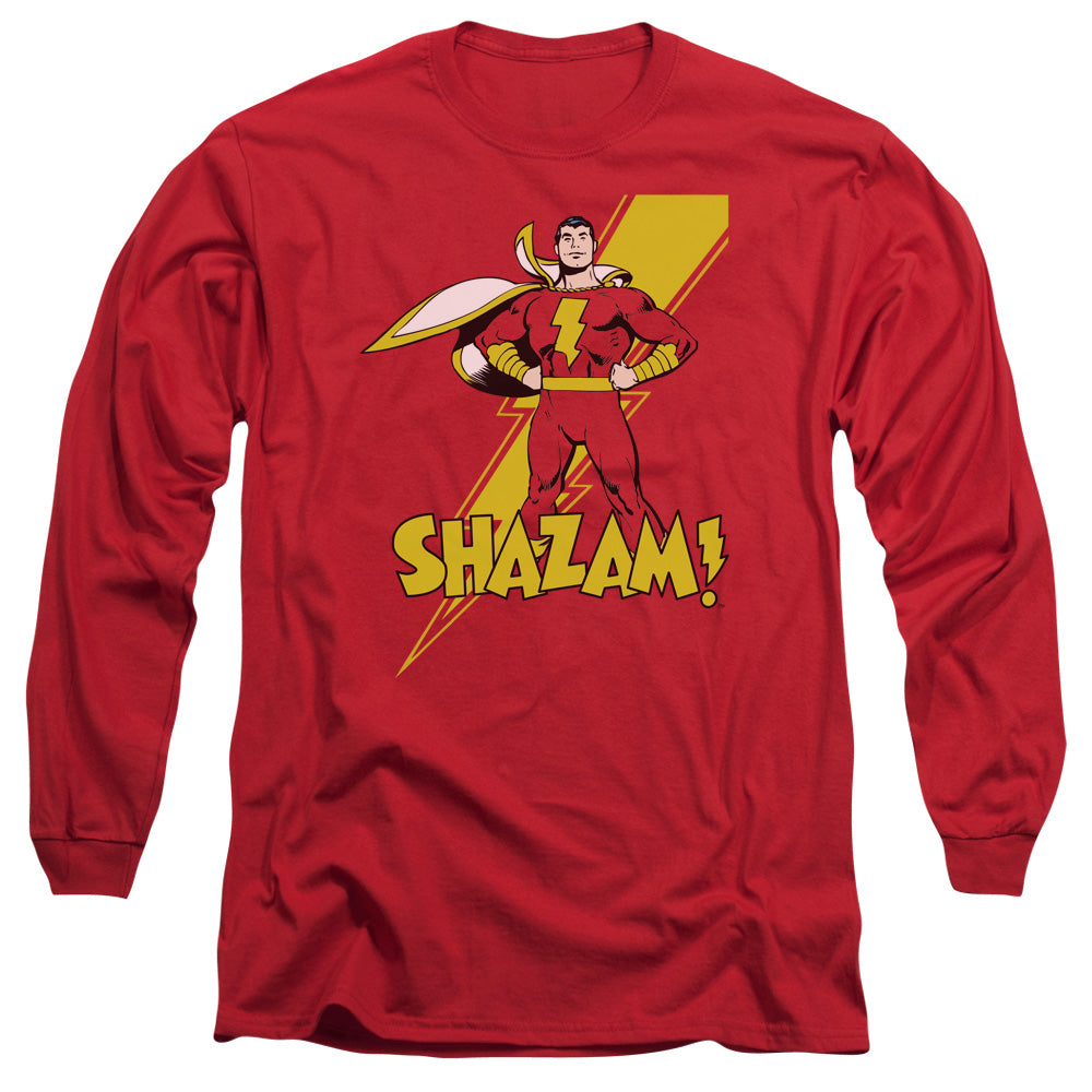 AN OFFCIALLY LICENSED DC SHAZAM SHAZAM MEN'S LONG SLEEVE T-SHIRT RED