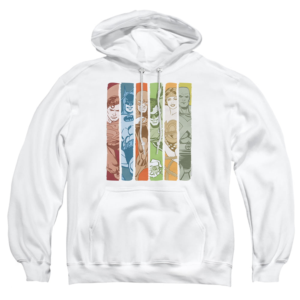 AN OFFCIALLY LICENSED DC JUSTICE LEAGUE COLUMNS ADULT UNISEX PULLOVER HOODIE WHITE