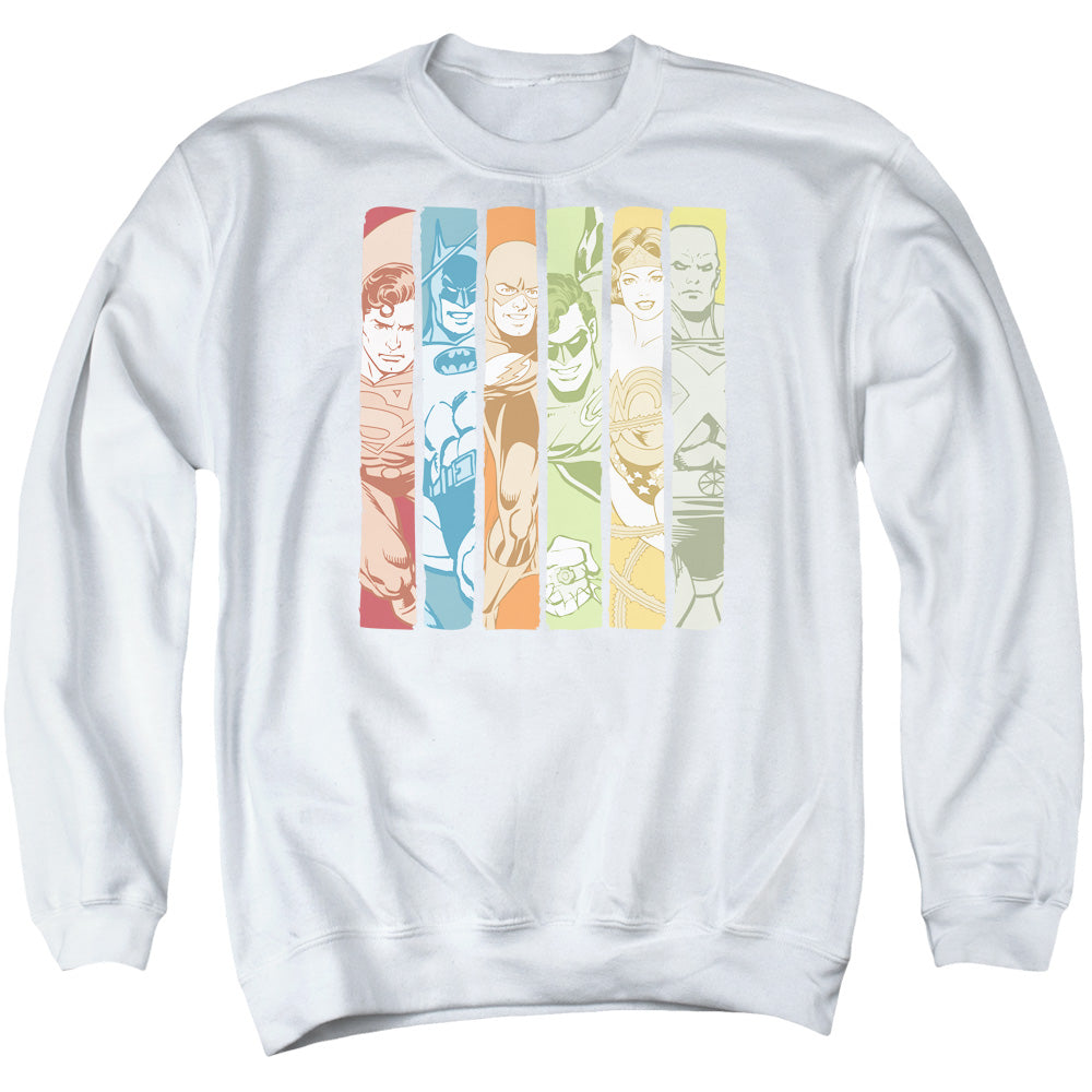AN OFFCIALLY LICENSED DC JUSTICE LEAGUE COLUMNS ADULT UNISEX CREWNECK SWEATSHIRT WHITE