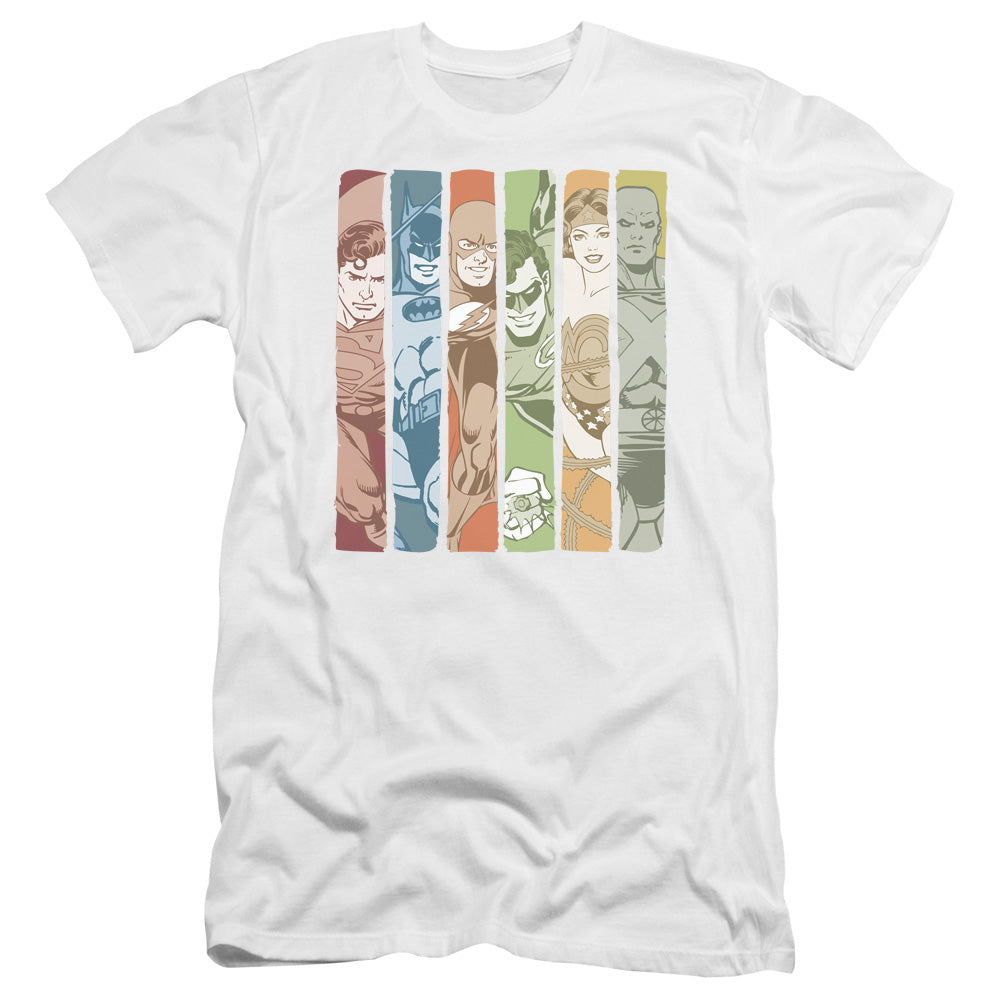 AN OFFCIALLY LICENSED DC JUSTICE LEAGUE COLUMNS MEN'S PREMIUM SLIM FIT T-SHIRT WHITE