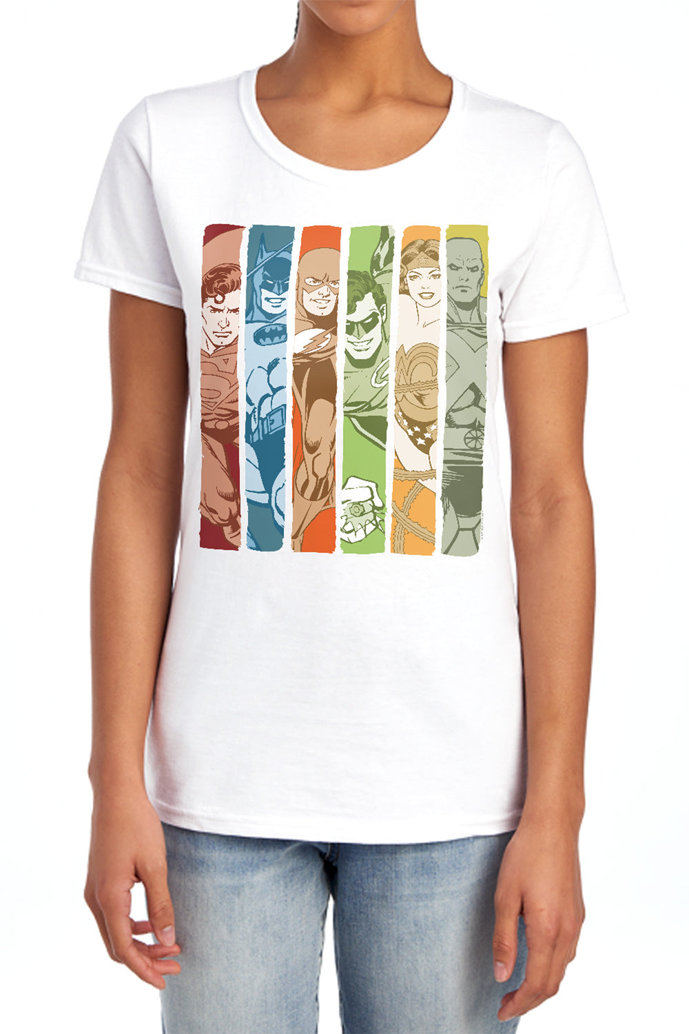 AN OFFCIALLY LICENSED DC JUSTICE LEAGUE COLUMNS WOMEN'S REGULAR FIT T-SHIRT WHITE