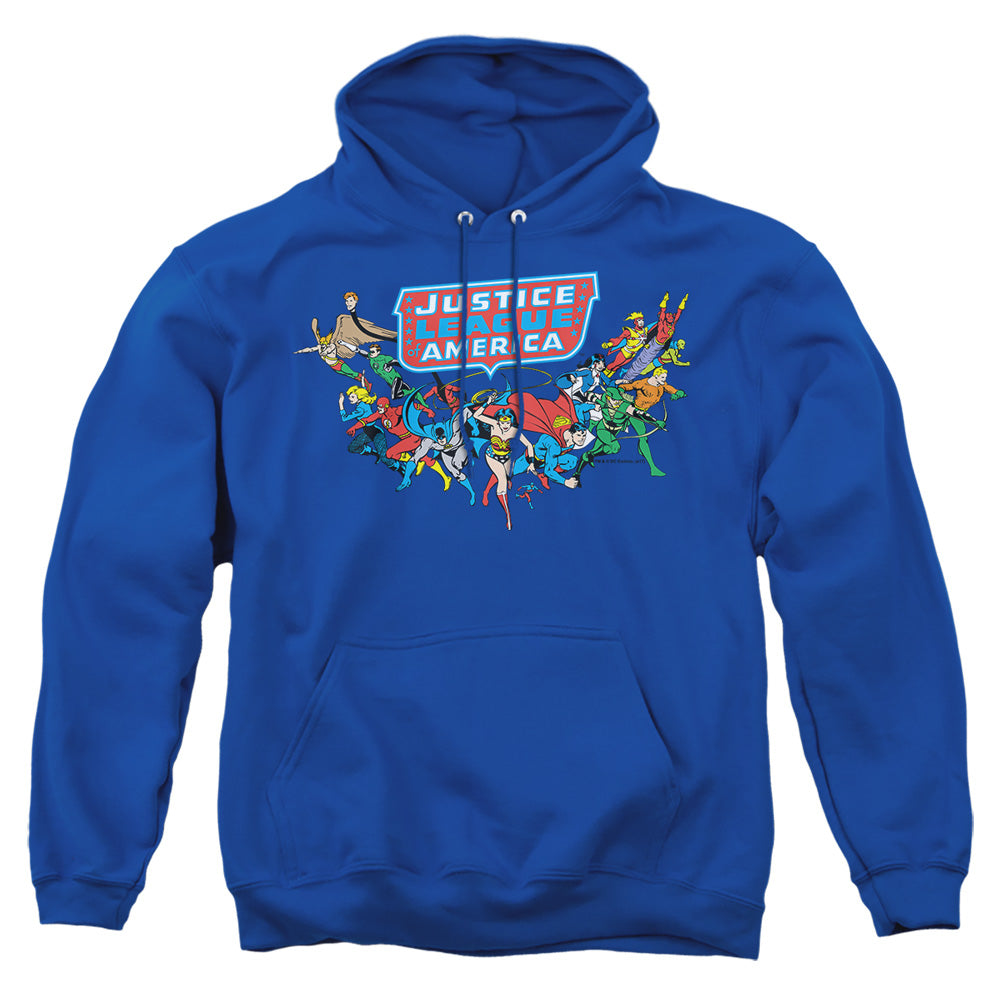 AN OFFCIALLY LICENSED DC HERE THEY COME ADULT UNISEX PULLOVER HOODIE ROYAL