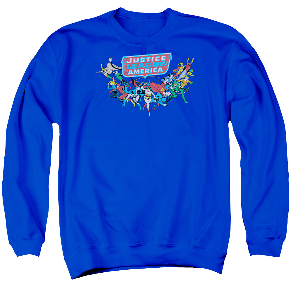 AN OFFCIALLY LICENSED DC HERE THEY COME ADULT UNISEX CREWNECK SWEATSHIRT ROYAL