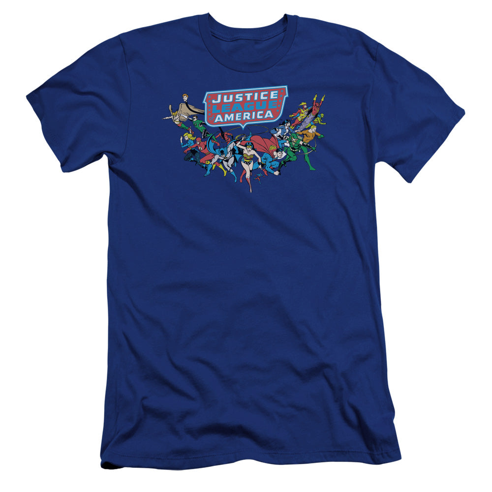 AN OFFCIALLY LICENSED DC HERE THEY COME MEN'S PREMIUM SLIM FIT T-SHIRT ROYAL