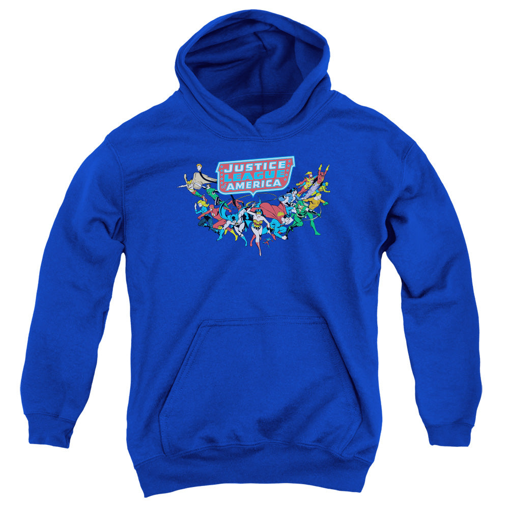AN OFFCIALLY LICENSED DC HERE THEY COME YOUTH HOODIE ROYAL