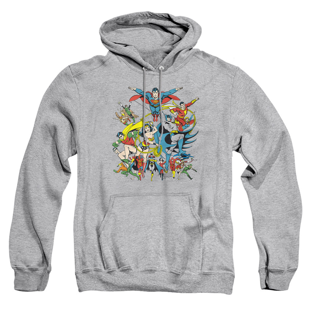 AN OFFCIALLY LICENSED DC JUSTICE LEAGUE ASSEMBLE ADULT UNISEX PULLOVER HOODIE ATHLETIC HEATHER