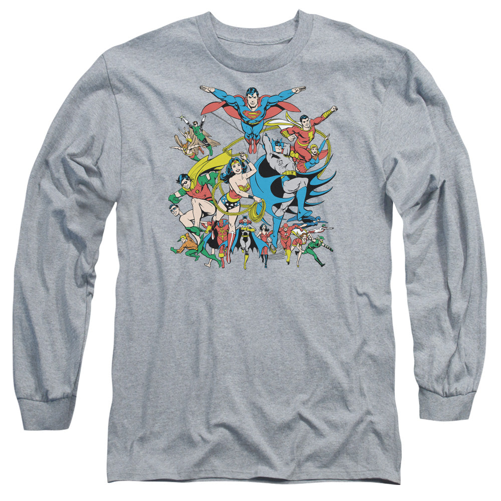 AN OFFCIALLY LICENSED DC JUSTICE LEAGUE ASSEMBLE MEN'S LONG SLEEVE T-SHIRT ATHLETIC HEATHER