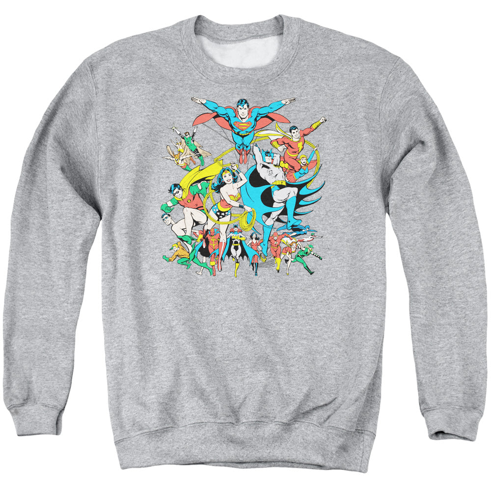 AN OFFCIALLY LICENSED DC JUSTICE LEAGUE ASSEMBLE ADULT UNISEX CREWNECK SWEATSHIRT ATHLETIC HEATHER