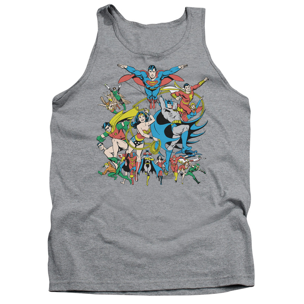 AN OFFCIALLY LICENSED DC JUSTICE LEAGUE ASSEMBLE ADULT UNISEX TANK TOP ATHLETIC HEATHER