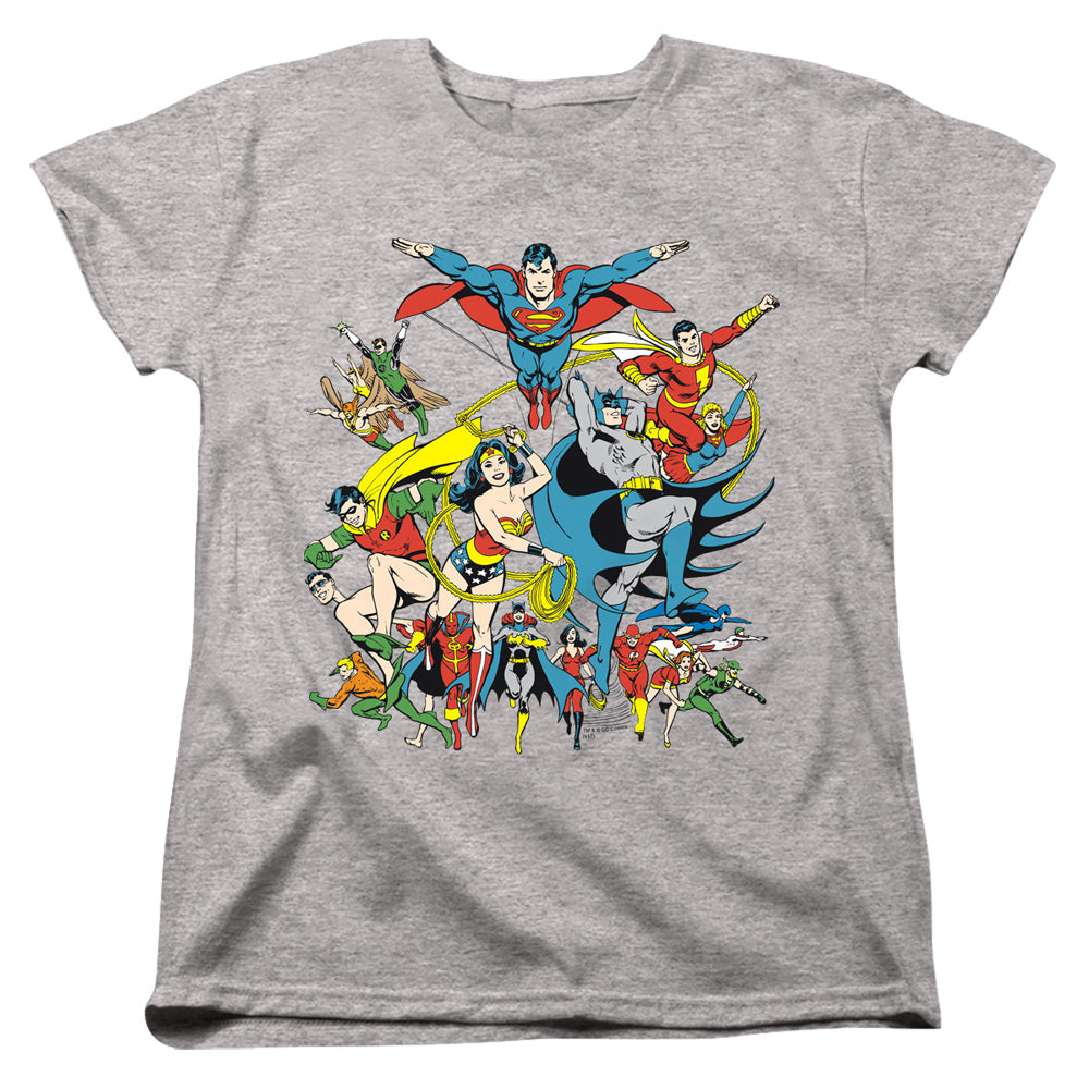 AN OFFCIALLY LICENSED DC JUSTICE LEAGUE ASSEMBLE WOMEN'S REGULAR FIT T-SHIRT ATHLETIC HEATHER