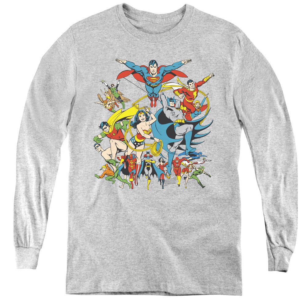 AN OFFCIALLY LICENSED DC JUSTICE LEAGUE ASSEMBLE YOUTH LONG SLEEVE T-SHIRT ATHLETIC HEATHER