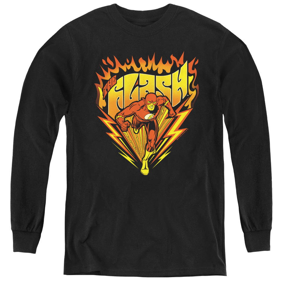 AN OFFCIALLY LICENSED DC FLASH BLAZING SPEED YOUTH LONG SLEEVE T-SHIRT BLACK