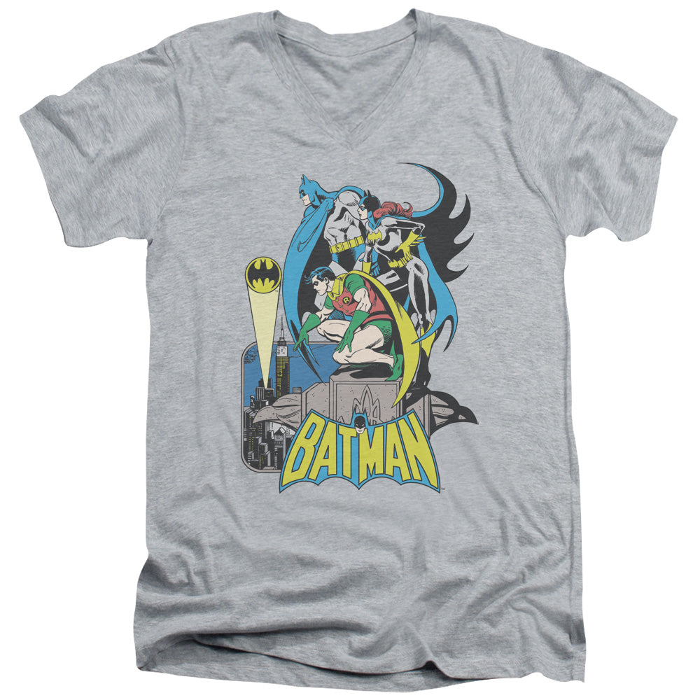 AN OFFCIALLY LICENSED DC BATMAN HEROIC TRIO MEN'S V-NECK T-SHIRT ATHLETIC HEATHER