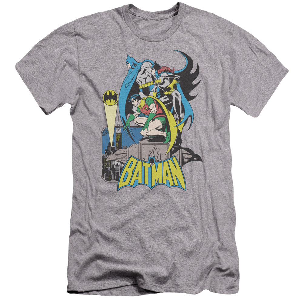 AN OFFCIALLY LICENSED DC BATMAN HEROIC TRIO MEN'S PREMIUM SLIM FIT T-SHIRT ATHLETIC HEATHER