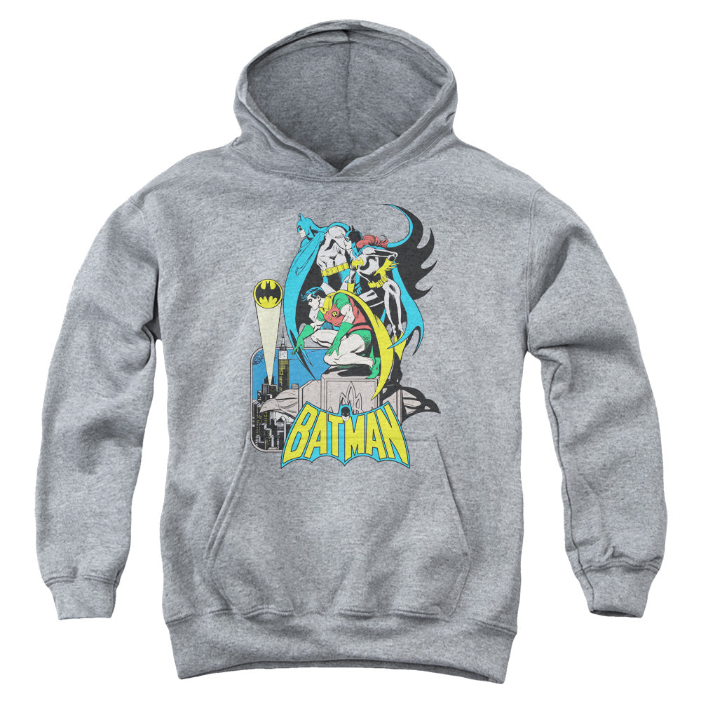 AN OFFCIALLY LICENSED DC BATMAN HEROIC TRIO YOUTH HOODIE ATHLETIC HEATHER