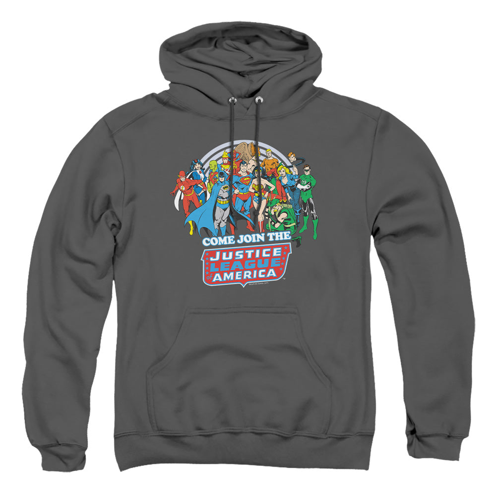 AN OFFCIALLY LICENSED DC JOIN THE JUSTICE LEAGUE ADULT UNISEX PULLOVER HOODIE CHARCOAL